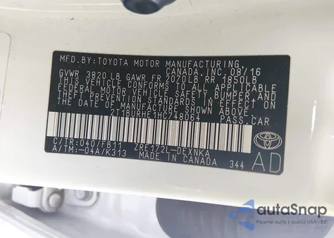 2017 Toyota Corolla Le из США, поврежденный, VIN 2T1BURHE1HC748064